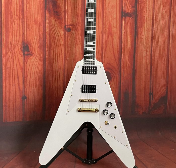 Solid Body White Fly V Electric Guitar Gold Hardware Block Inlay Open HH Pickups