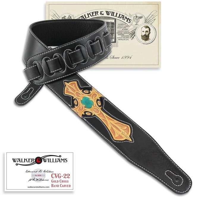 Walker & Williams CVG-22 Christian Black Leather Guitar Strap Carved Gold Cross