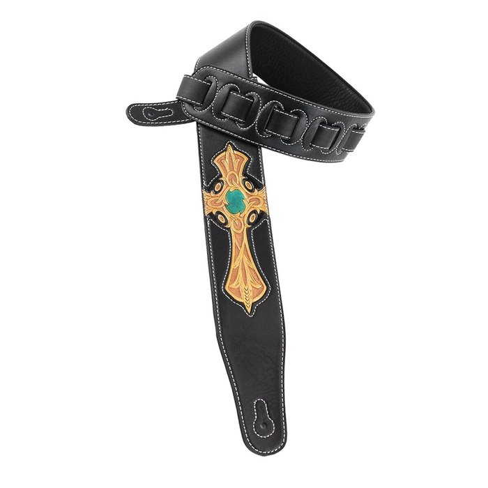 Walker & Williams CVG-22 Christian Black Leather Guitar Strap Carved Gold  Cross