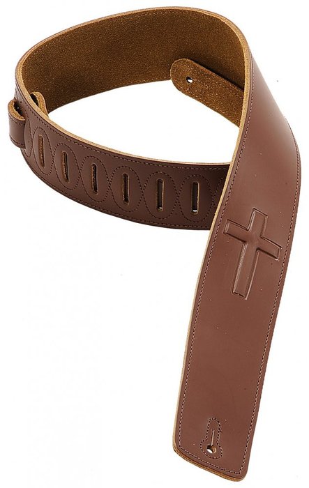 Levy's DM1SGC-BRN Leather Guitar Strap 2 1/2" Christian Cross with Suede Backing Brown