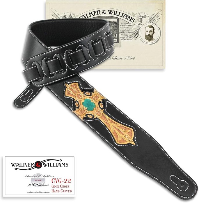 Walker & Williams CVG-22 Padded Leather Guitar Strap with Hand Tooled Christian Gold Cross