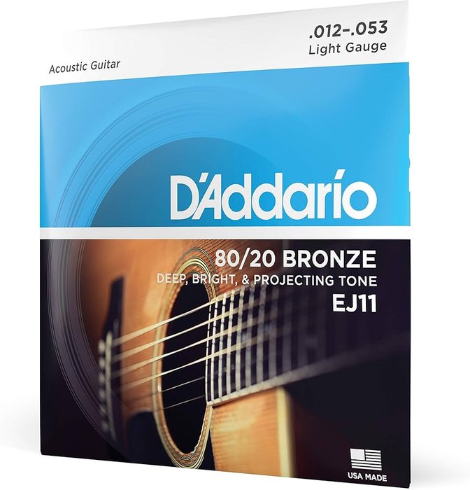 D'Addario Acoustic Guitar Strings - 80/20 Bronze - For 6 String Guitars - Deep, Bright, Projecting Tone - EJ11 - Light, 12-53