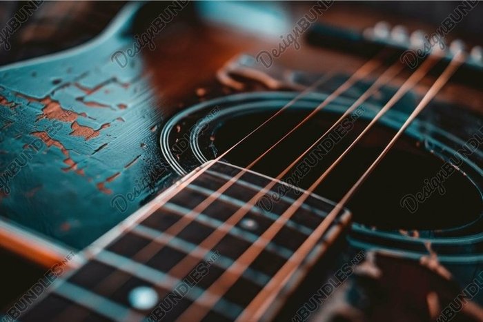 Close up of worn out acoustic guitar strings and sound hole