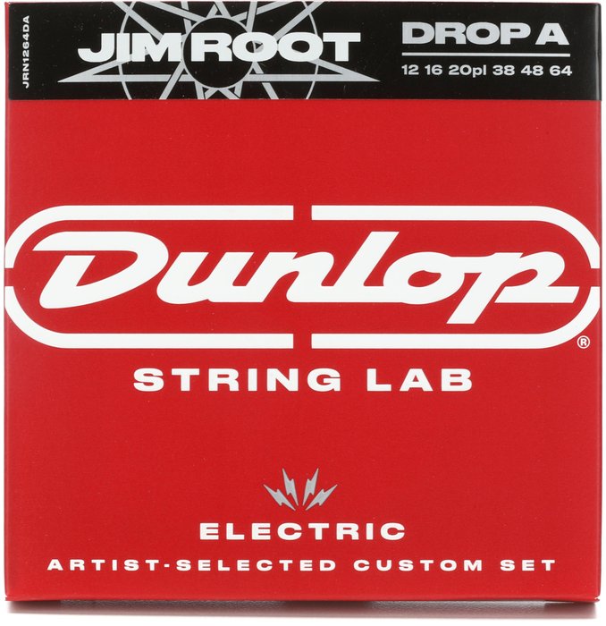 Dunlop JRN1264DA Jim Root Electric Strings - .012-.064 Drop A, which showcases a set of guitar strings relevant to the discussion of string tension and playability.