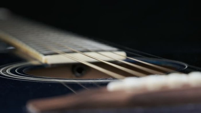 Vibration of Strings on an Acoustic Guitar in Slow Motion, Close-Up