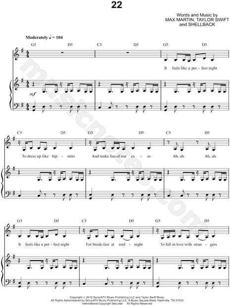 Taylor Swift '22' Sheet Music in G Major (transposable) - Download & Print - SKU: MN0111214