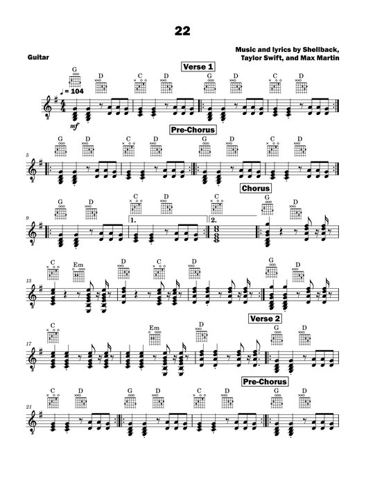 22 (arr. David Lartey) by Taylor Swift Sheet Music for Easy Guitar ...