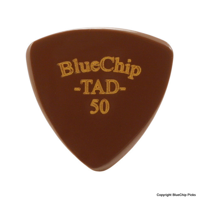 Blue Chip TAD50 guitar pick showcasing its unique design and material.