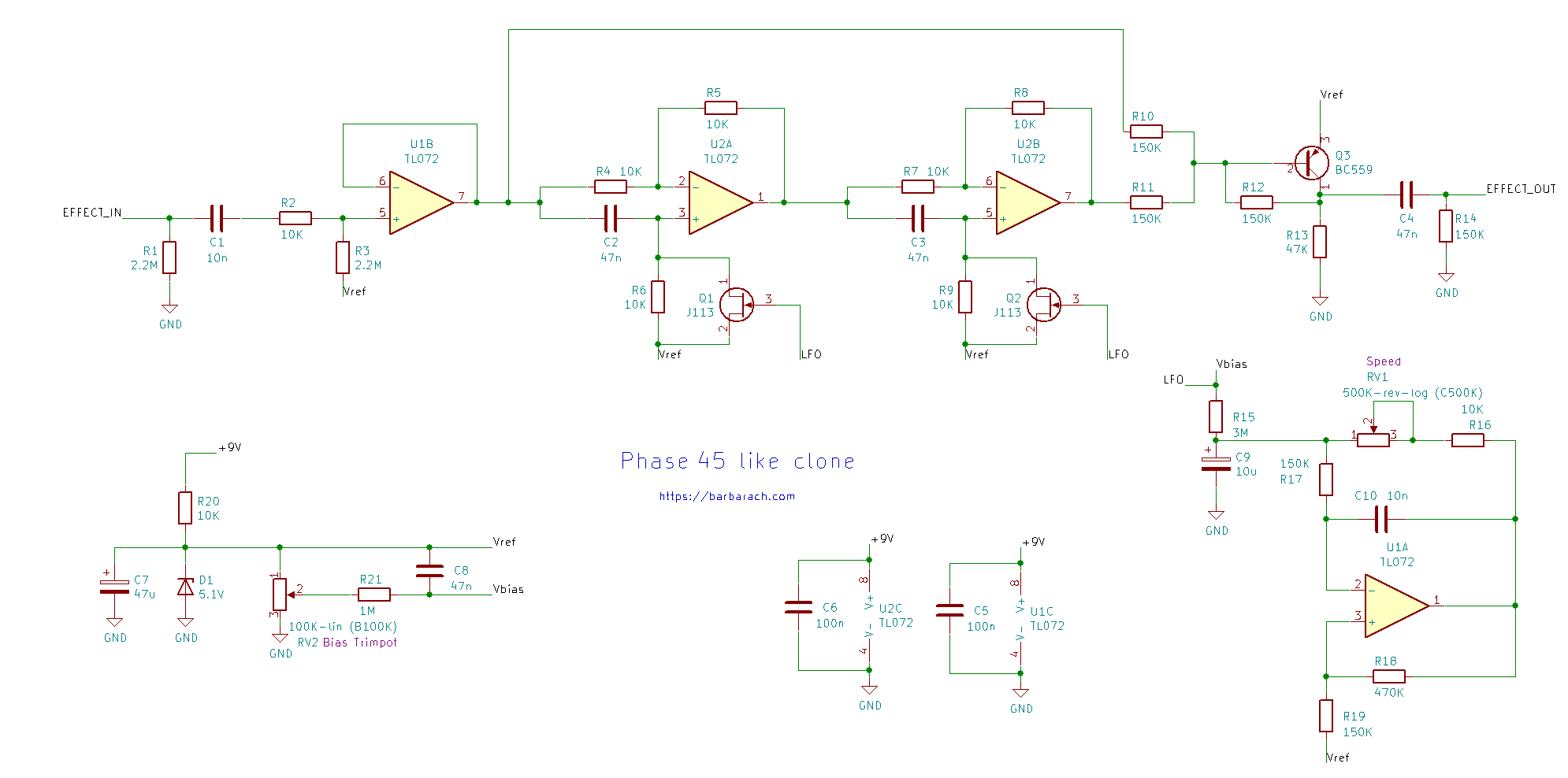 Schematic diagram of a simple analog phaser circuit illustrating phase modulation components.