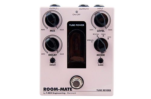 Front view of the T-Rex Room-Mate Tube Reverb pedal showcasing its design and controls.