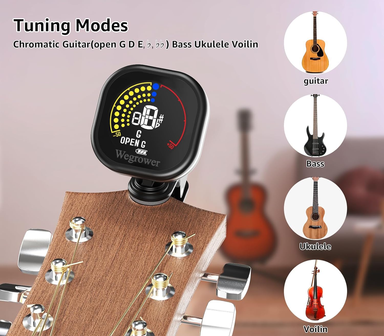 Clip-on guitar tuner with an easy-to-read LCD color display for tuning anywhere.