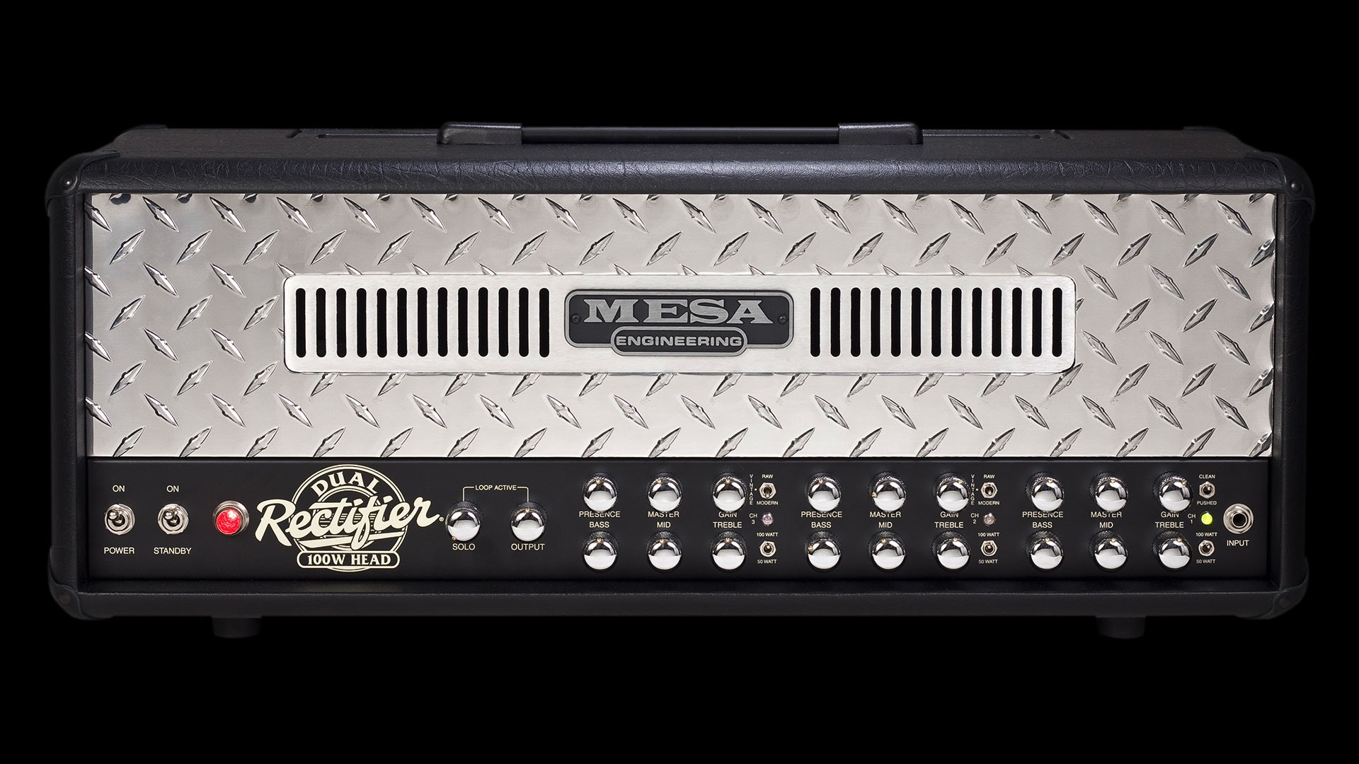 Mesa Boogie Dual Rectifier Head showcasing front panel controls and design.