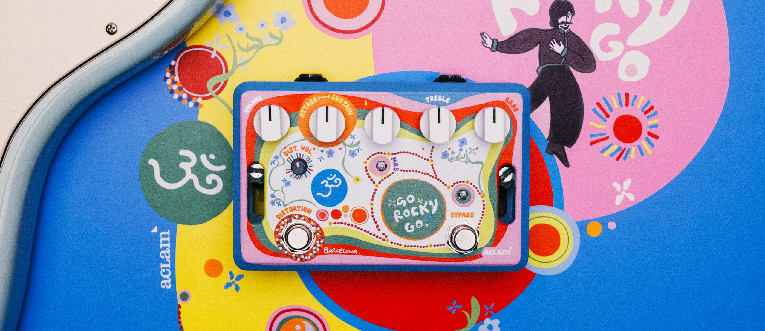 The Aclam Go Rocky Go pedal showcasing its controls and design for dialing in sound.