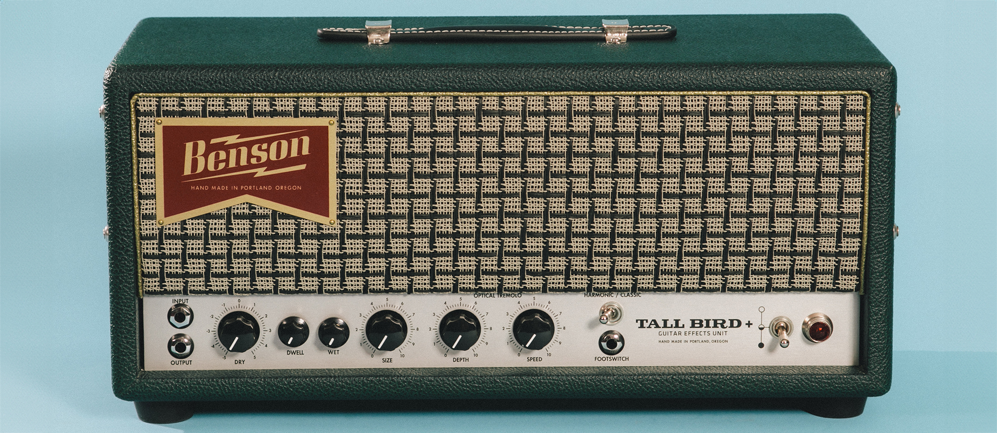 Front view of the Benson Tall Bird Plus reverb-tremolo unit showcasing key controls and design.