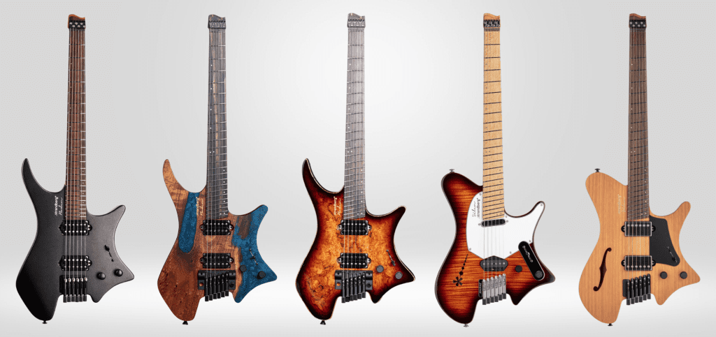 Modern headless guitar models showcasing design evolution and variety.