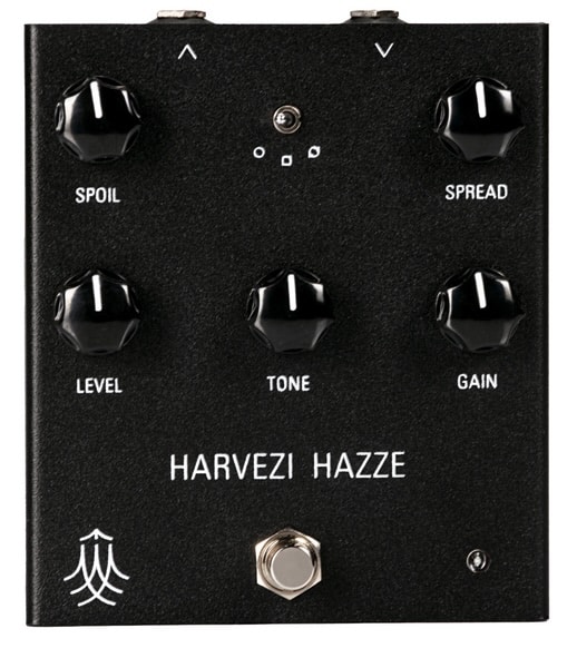 Top view of the HARVEZI HAZZE distortion pedal showing control layout.